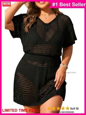 Plus Size Crochet Swimsuit Cover Up Short Sleeve Beach Dress